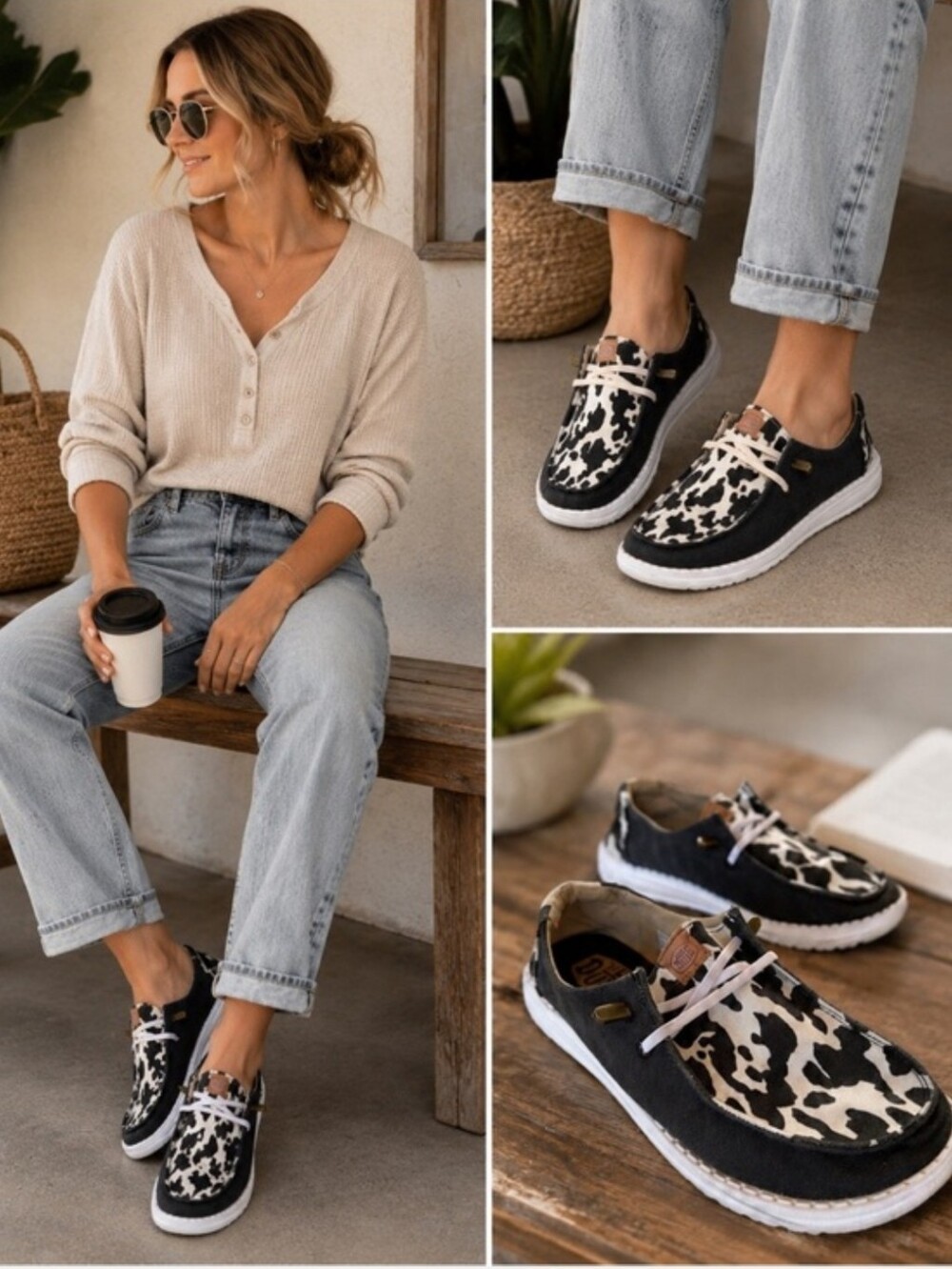 Hey Dude Wendy Animal Black Cow Print Size 8 - Picture 2 of 15